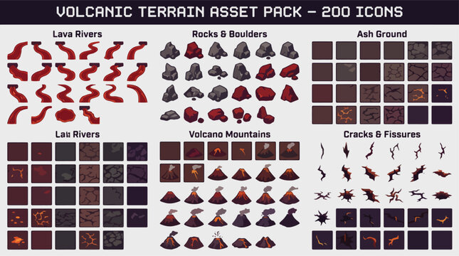 Volcanic terrain asset pack with 200 icons, isometric lava rivers and volcano mountains, red magma rocks and ash ground game map elements
