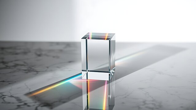 Glass prism creating rainbow light refraction on a sleek marble surface.