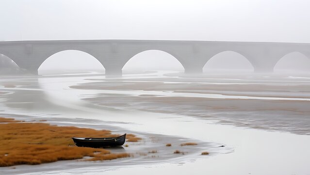 A stone bridge spanning a river estuary with a small boat on mudflats.