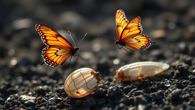 Vibrant butterfly taking flight beside an empty cicada shell in soil.