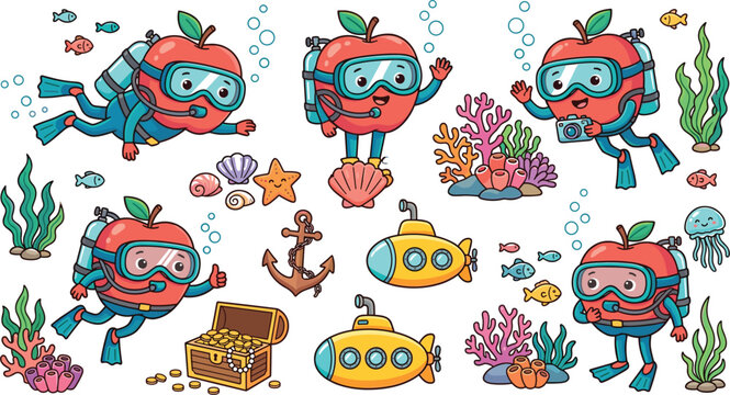 Cute Kawaii Apple Scuba Diver Character Sticker Set with Coral, Seaweed, Submarine, Treasure Chest, Anchor, and Ocean Elements for Underwater and Kids Designs