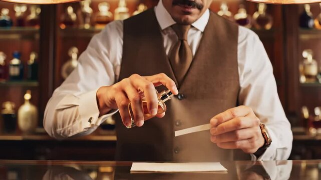 In a sophisticated fragrance studio, a well-dressed gentleman attentively tests various perfumes, creating an enchanting combination of scents. The atmosphere buzzes with artistry and elegance.