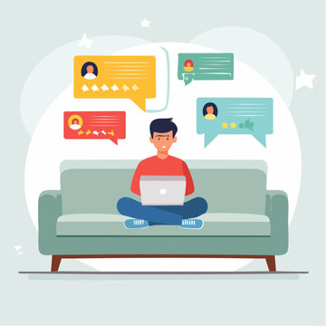 Man on Sofa with Laptop Receiving Online Reviews and Feedback