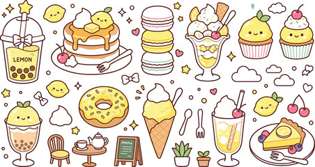 Cute Kawaii Sweet Food Sticker Set with Ice Cream, Cupcake, Pancake, Macaron, Donut, and Bubble Tea Characters for Dessert and Cafe Designs © Md