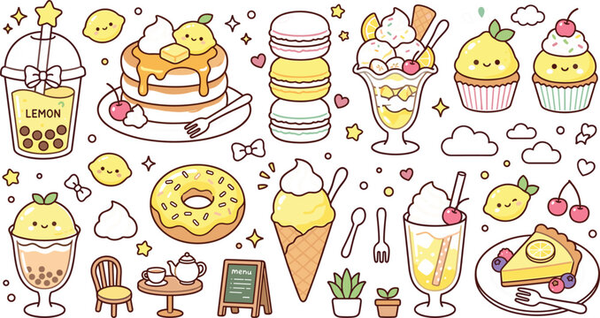 Cute Kawaii Sweet Food Sticker Set with Ice Cream, Cupcake, Pancake, Macaron, Donut, and Bubble Tea Characters for Dessert and Cafe Designs