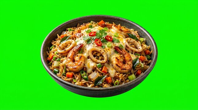 Spicy Sri Lankan Seafood Kottu with prawns isolated on green screen background