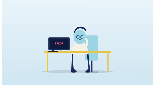 Frustrated office worker facing computer error screen animation