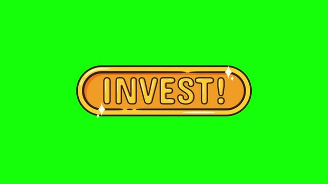 Animated button with the word INVEST in bold letters, sparkling and shining on green screen.