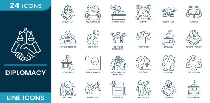 Diplomacy icon set. diplomacy, negotiation, ambassador, summit, mediation, alliance, embassy, diplomat, bilateral, protocol, government, neutrality, peaceful. Line icons.