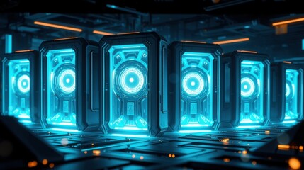 Fototapeta premium Futuristic corridor features glowing blue panels. Complex geometry creates dramatic lighting, hinting advanced technology. Dark background emphasizes vibrant illumination.