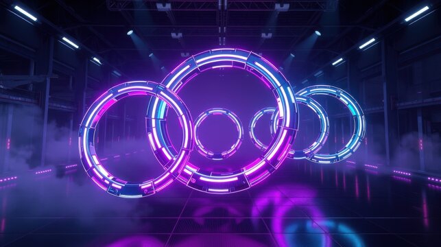 Neon rings float above reflective floor. Dark warehouse setting with fog, lights create futuristic vibe. Dramatic illumination.