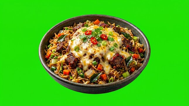 Spicy Beef Kottu Roti with green chilies isolated on green screen background