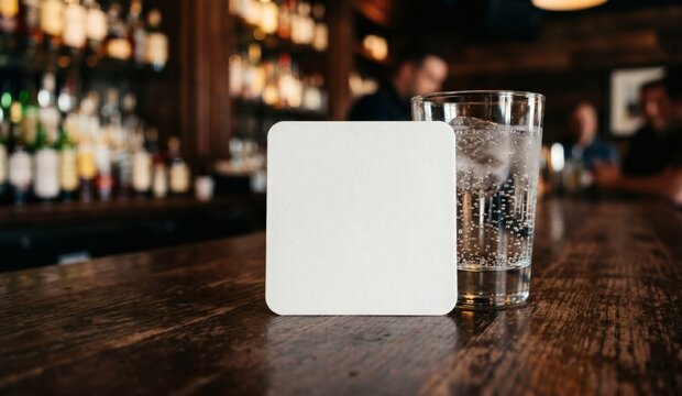 Blank white square paper coaster mockup on a dark bar counter