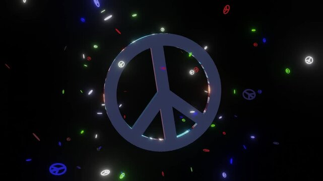 
Big peace symbol 10 seconds rotating turning smaller flowers flying through black background animation visualiser screensaver motion graphics HD video seamless looping 
