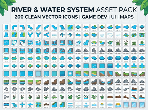 River and water system asset pack, 200 clean vector icons for game dev and UI, isometric map builder elements with blue streams and lakes