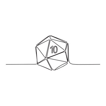 One line drawing of a ten-sided dice, continuous line art, game design, vector illustration.