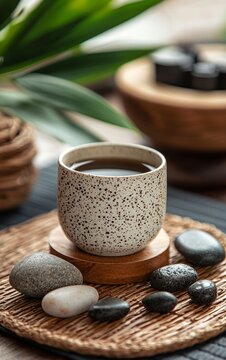 Warm Cup of Coffee on Natural Stone Surface with Green Leaves and Decorative Elements