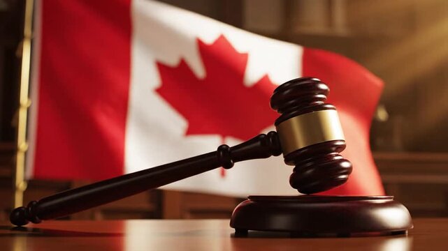 The judge's gavel on a wooden table against a background of the Canadian flag, the concept Canadian Tribunal
