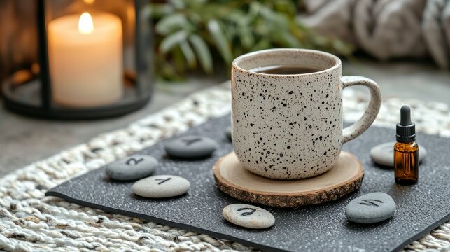 Cozy Relaxation Setting with Coffee Cup, Stones, Essential Oil, and Candlelight