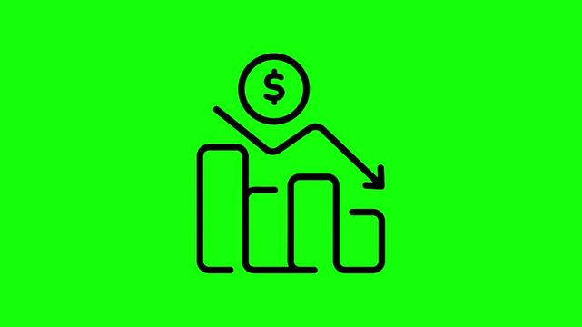 Red bar graph on green screen showing a downward trend with a falling arrow indicating loss.