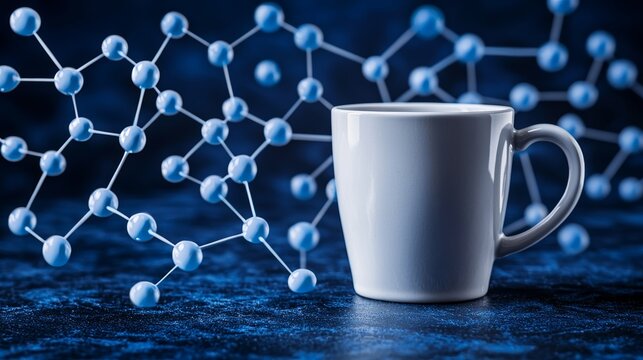 White Coffee Mug with Molecular Structure Background in Blue Abstract Design