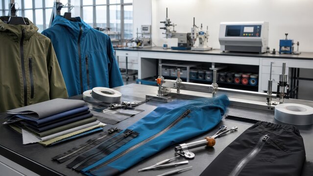 People work in a workshop with various garments and tools for fabric testing and design in a modern, well-lit environment