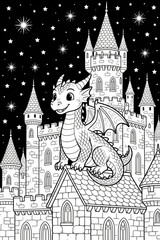 Naklejka premium A dragon sitting on the roof of a medieval building coloring page