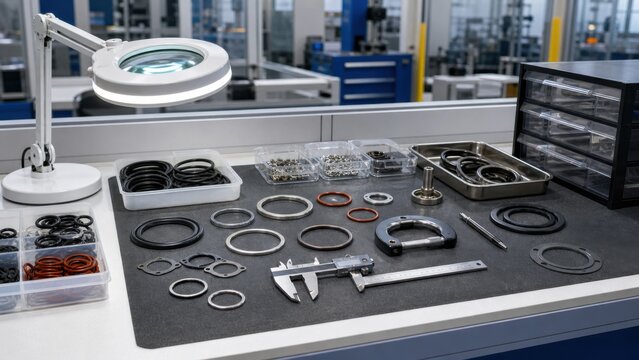 Various mechanical components and tools displayed on a workbench in a workshop setting