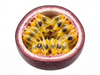 Close up of a vibrant cross sectioned passion fruit revealing bright yellow pulp filled with glossy black seeds showcasing fresh tropical flavor with detailed texture and natural © Animal