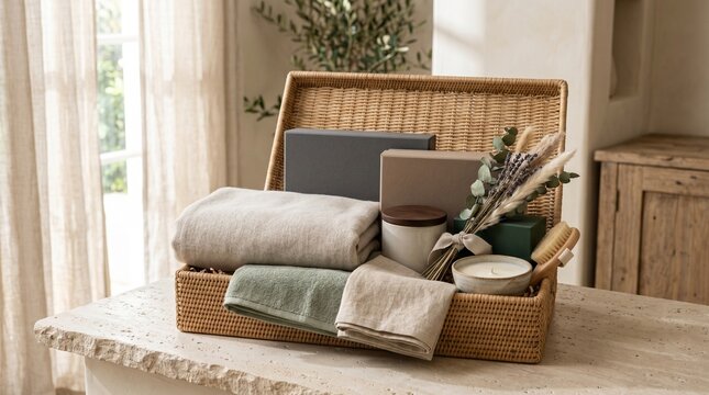 Modern luxury gift hamper with matte presentation boxes and folded linen texture on neutral minimalist background with soft daylight shadows
