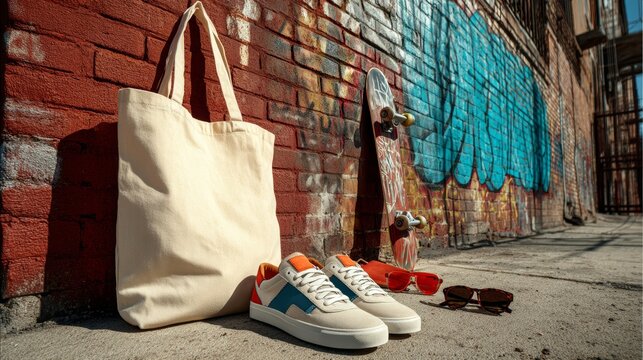 Urban Lifestyle Trend with Casual Shoes, Tote Bag, Skateboard, and Sunglasses