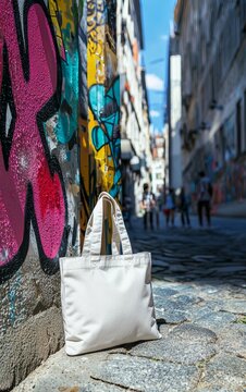 Urban Scene with a White Bag Against Colorful Graffiti in a City Alleyway