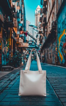 Urban Scene with Stylish Tote Bag on Cobblestone Street Surrounded by Graffiti Walls