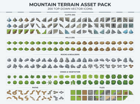 Mountain Terrain Asset Pack, 200 Top-Down Vector Icons for Game Design, Isometric Map Elements with Cliffs, Hills, Rocks, and Vegetation
