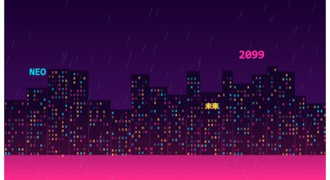 Neon cyberpunk cityscape 2099 rain animation background loop