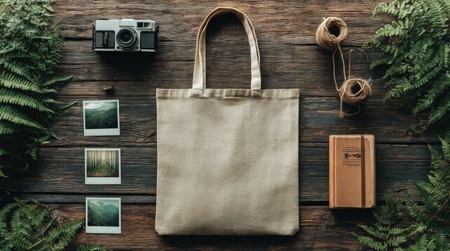 Neutral Tote Bag Surrounded by Nature Elements, Vintage Camera, and Photographs