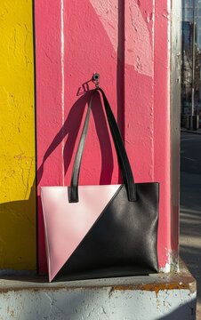 Stylish Two-Tone Tote Bag with Black and Pink Design Against Vibrant Background
