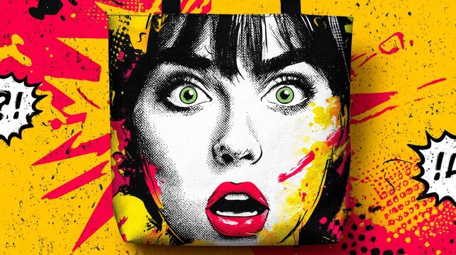 Surprised woman face in pop art style with bright colors and graphic elements
