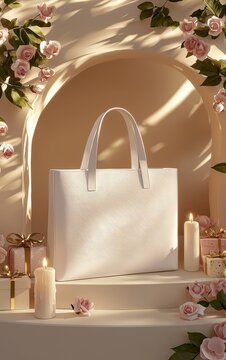 Elegant White Handbag Surrounded by Roses and Soft Light in a Serene Setting