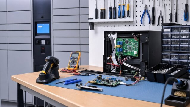Repair workshop features tools, electronic components, and equipment for device maintenance in a modern environment
