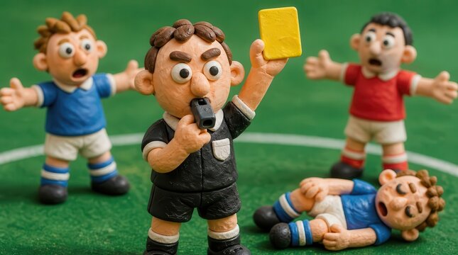 Claymotion referee holding a yellow card with visible thumbprint textures on a matte surface, featuring stylized figures in a football match scene that captures the drama of the professional sport.