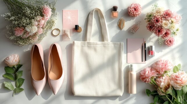 Elegant Arrangement of Fashion Accessories, Floral Elements, and Beauty Products