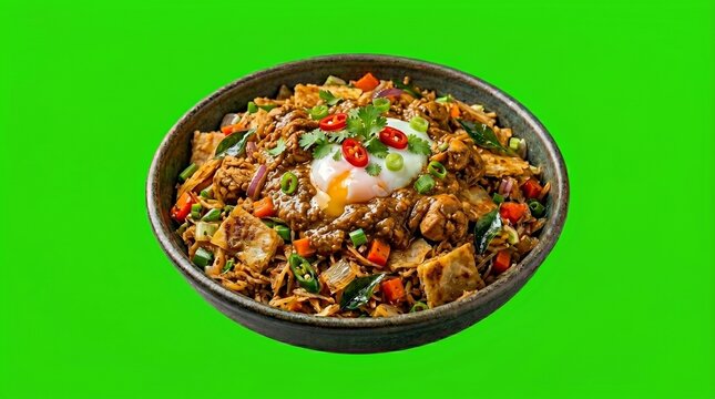 Delicious Sri Lankan Dolphin Kottu isolated on green screen background