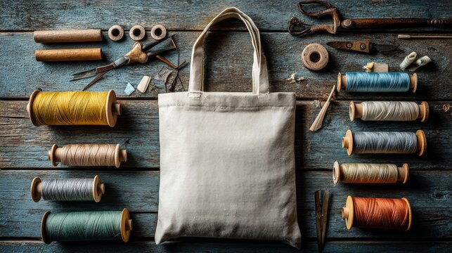 Crafting Essentials with Thread Spools and Tote Bag on Rustic Wooden Table