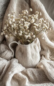 Soft Textures and Elegant Decor with Flower Arrangement in Cozy Knit Setting