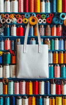White Tote Bag Displayed Against Colorful Spools of Thread in Craft Studio