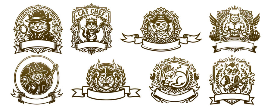 Collection of cat themed emblems featuring detective chef pirate strongman wizard viking.
