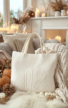 Cozy White Knitted Bag Decorated with Autumn Elements in Stylish Living Room Setting
