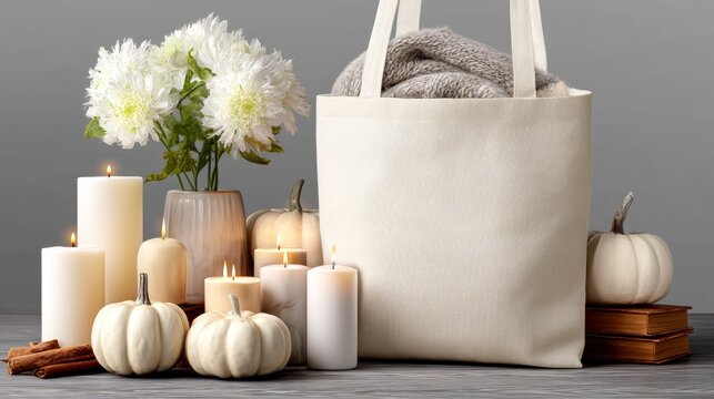 Cozy Autumn Decor with Pumpkins, Candles, and a Textile Tote Bag Arrangement