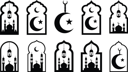 Islamic icons: mosque domes crescent moons stars lanterns with crescent moon black and white lanterns silhouettes architecture religion celebration decorative traditional geometric © MstAsmaAkter